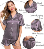LecGee Womens Silk Satin Pajamas Short Sleeve Loungewear Two-Piece Sleepwear Button-Down Pj Set