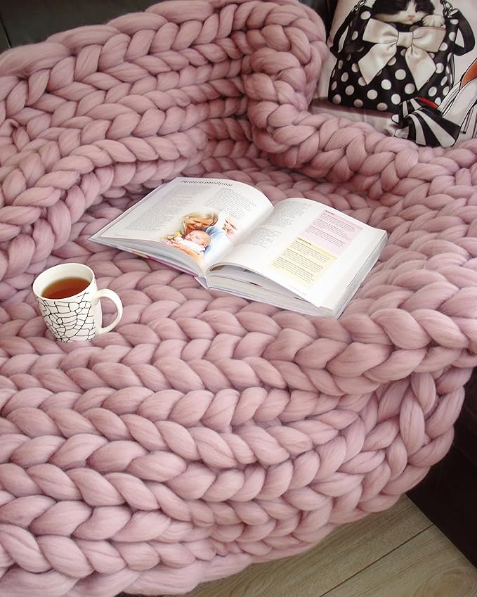 Chunky Knit Blanket, Boho Throw Blanket for Couch, Throw Blanket Knit Bed Scarf, Knitted Blanket, Supernatural Blanket, Wool Blanket for Home Decor or Gifts (Dusty Pink, 54"x75")