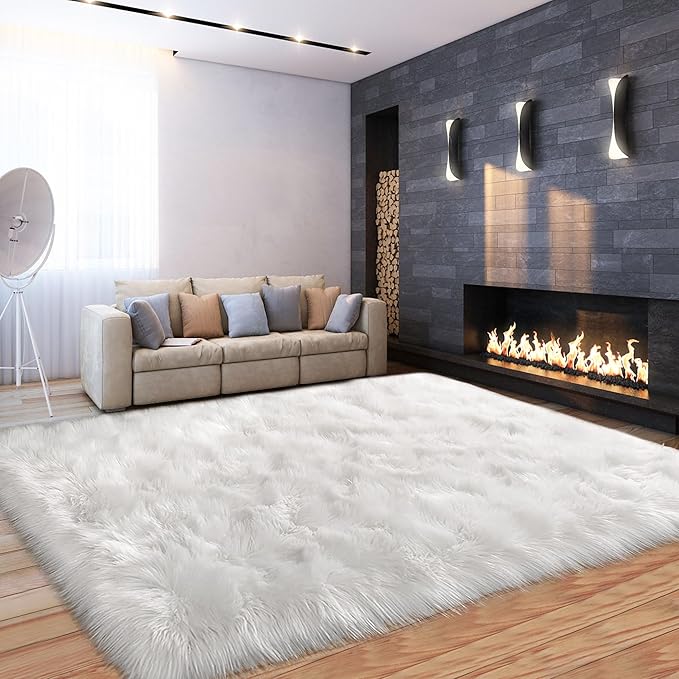 White Faux Fur Sheepskin Rug 6x9 Fuzzy Fur Rug Fluffy Carpet for Living Room Bedroom Luxury Room Decor, Washable Large Area Rugs for Kids Room Nursery Playroom