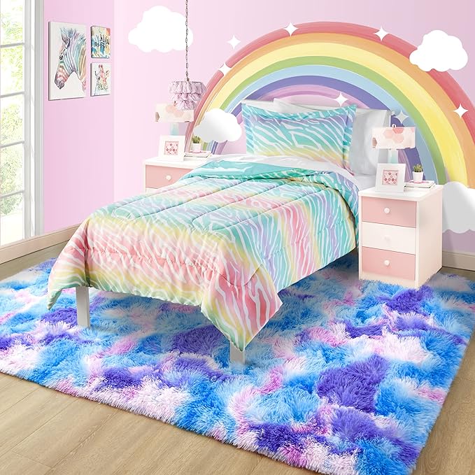 Noahas Kids Rugs for Bedroom Girls,3x5 Feet Rainbow Rug,Blue and Purple Kids Carpet,Shaggy Fluffy Bedroom Rug,Colorful Area Rug Nursery Toddler Boys Girls Room Decor