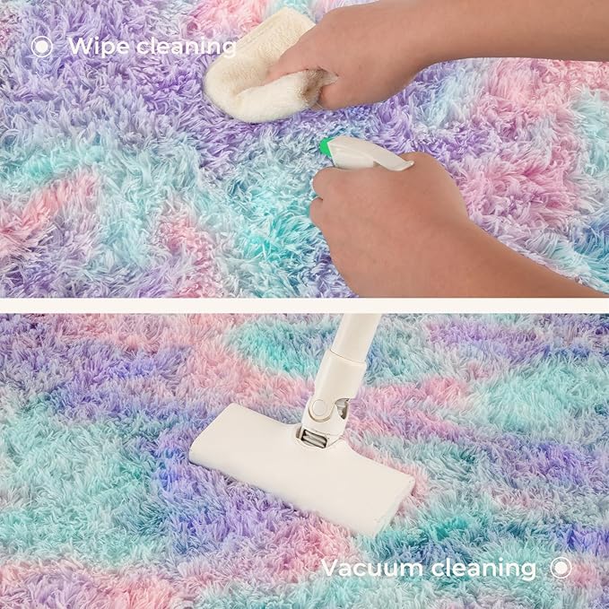 Litanika 5x8 Fluffy Shag Faux Fur Area Rug for Living Room Bedroom, Tie-Dyed Blue Rainbow High Pile Soft Plush Shaggy Furry Bedside Playroom Dorm Carpet, Non-Slip, Non-Shedding Modern Indoor Floor Rug