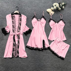 Women's 4pcs Silk Satin Pajamas Set Floral Lace Trim Dress with Robe Lounge Sleepwear Nightdress Novelty Loungewear