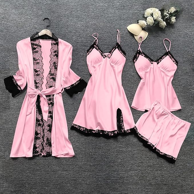 Women's 4pcs Silk Satin Pajamas Set Floral Lace Trim Dress with Robe Lounge Sleepwear Nightdress Novelty Loungewear