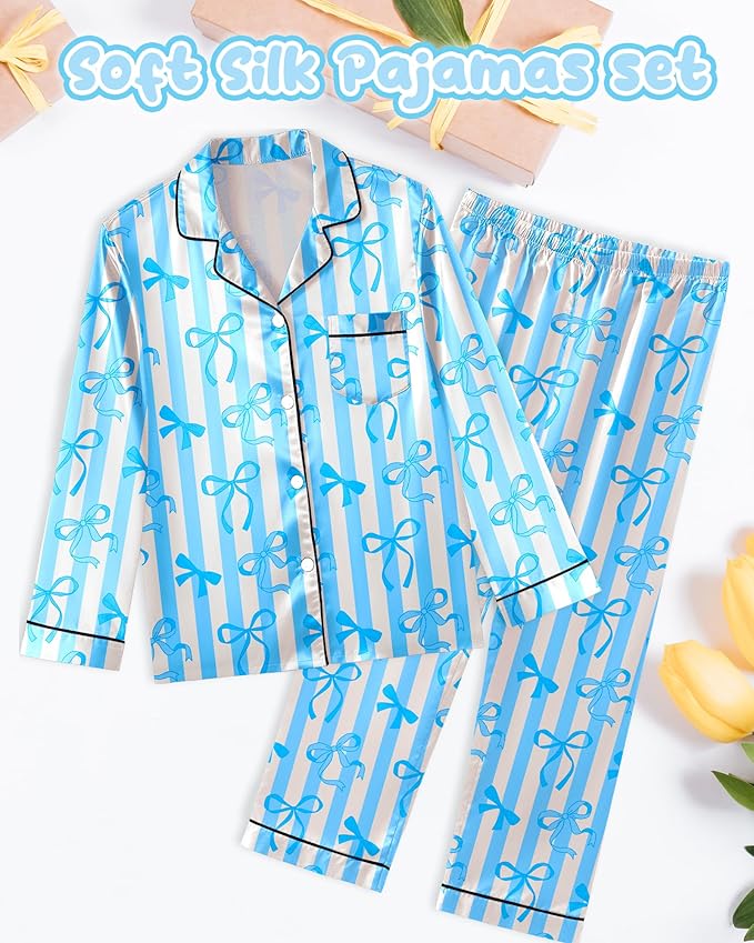 Girls Pajamas Silk PJS Set Satin Sleepwear Long Sleeve Jammies for Kids Button-Down Nightwear Loungewear 3-16 Years
