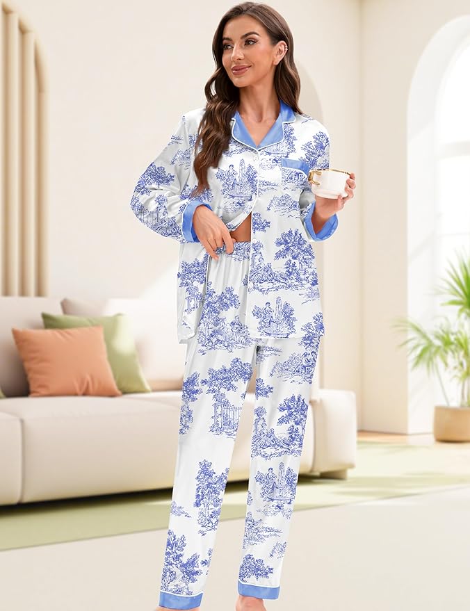 EPLAZA Silk Pajamas for Women Satin Pajamas Set 5 Pcs Long Sleeve Print Pattern Button Down Pjs Sleepwear Loungewear Set