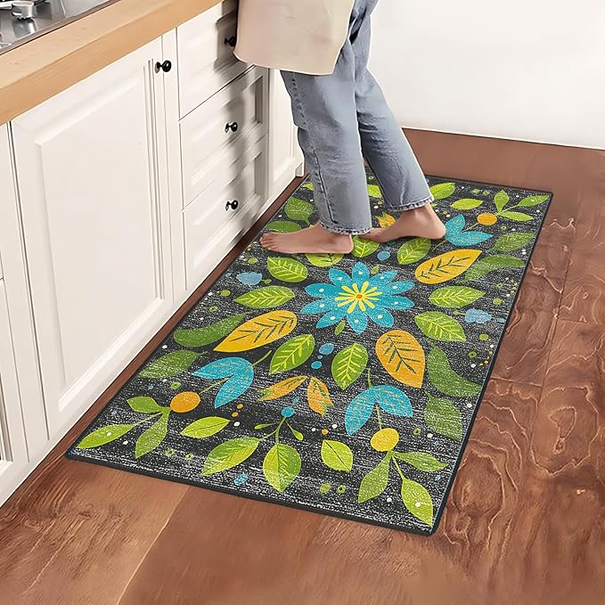 Area Rug 2x3 ft Rug Washable Boho Rugs Non Slip Low Pile Floral Small Carpet for Bedroom, Bedside, Kids Room, Office, Dining Room (Green Leaf, 2x3 ft)