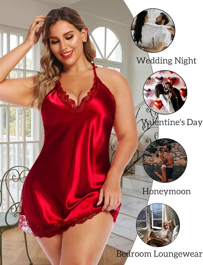 Avidlove Women Lingerie Plus Size Satin Lace Chemise Nightgown Sexy Full Slips Sleepwear L-4XL
