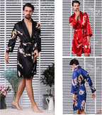 Haseil Men's Satin Robe Dragon Luxurious Silk Spa Long Sleeve House Kimono Bathrobe