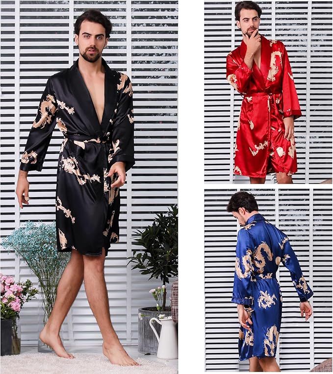Haseil Men's Satin Robe Dragon Luxurious Silk Spa Long Sleeve House Kimono Bathrobe