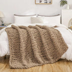 WESHIONGOO Chunky Knit Blanket Throw 51"×63" Knitted Throw Blankets for Couch Bed Fluffy Soft Blanket with Jumbo Chenille Yarn Thick 100% Handmade (Brown)