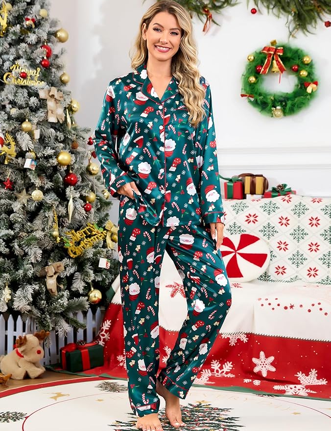 SWOMOG Womens Silk Satin Pajamas Set Long Sleeve Button Down Sleepwear 2 Piece Lounge Set Pj Set XS-3XL