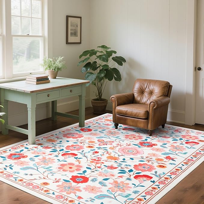 CRYPTOLITE Floral Area Rug 5x8 Rugs, Machine Washable Rug Non-Slip Low Pile Rug for Living Room, Bedroom, Farmhouse, Dining Room, Beige