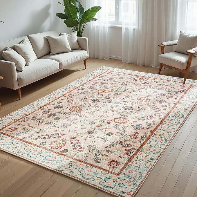 Washable 5x7 Area Rugs Floral Rugs for Bedroom Washable Non Slip Low Pile Soft Carpet for Living Room Bedroom Dinning Room CRYPTOLITE
