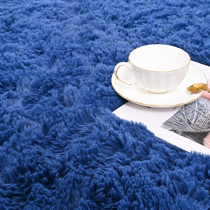 ISEAU Light Navy Rugs for Bedroom Living Room, Ultra Soft Shag Area Rug 4'x6' Carpet for Bedroom, Non-Slip Fluffy Dorm Rug for Kids Room Home Decor