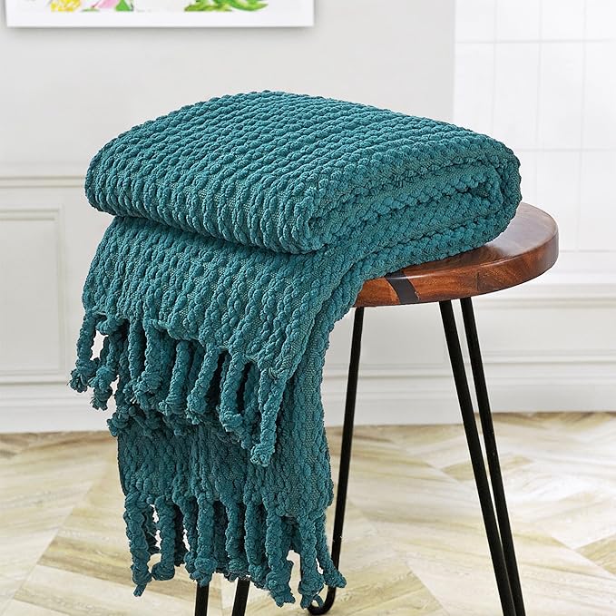 Striped Knit Throw Blanket with Braided Tassels 50" x 60", Hand Knitted Soft Chunky Chain Design Boho Farmhouse Blanket, Solid Color Tassel Decor Throw for Couch Bed Sofa Outdoor, Dark Teal