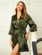 Ekouaer Women's Lace-Trim Silk Robes Bride Bridesmaid Kimono Satin Bathrobe V Neck Sleepwear with 3/4 Sleeve