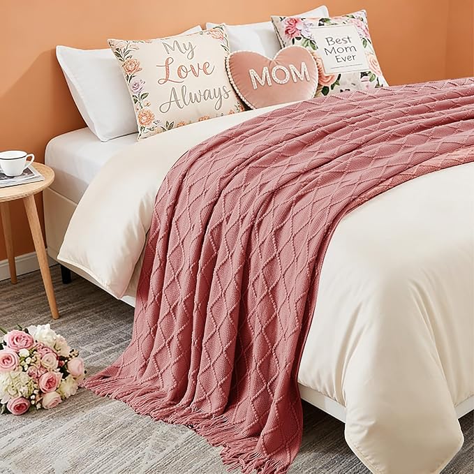 inhand Coral Pink Knitted Throw Blanket for Couch Bed, Mothers Day/Mom Birthday Gifts for Mom from Daughter Son, Soft Lightweight with Tassels, Farmhouse Warm Decorative Blanket for Women, 50"x60"