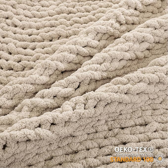 WESHIONGOO Chunky Knit Blanket Throw Knitted Throw Blankets for Couch Bed Fluffy Soft Blanket with Jumbo Chenille Yarn Thick 100% Handmade (Linen, 51"×63")