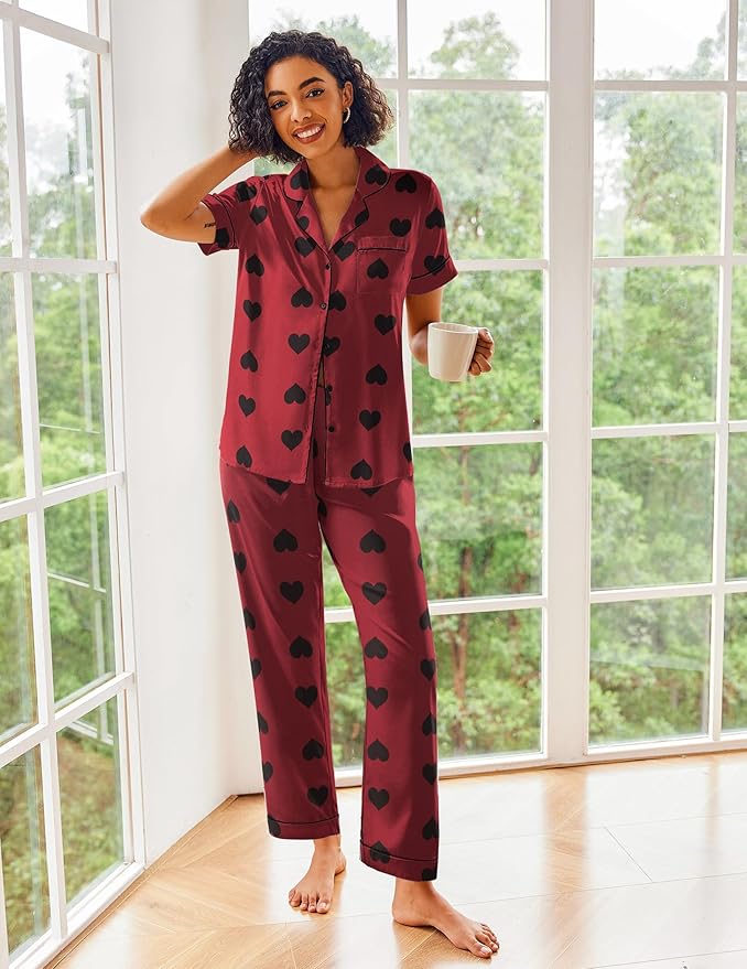 Ekouaer Silk Satin Pajamas Set Women Short Sleeve Sleepwear Soft Button Down Loungewear Pjs Set