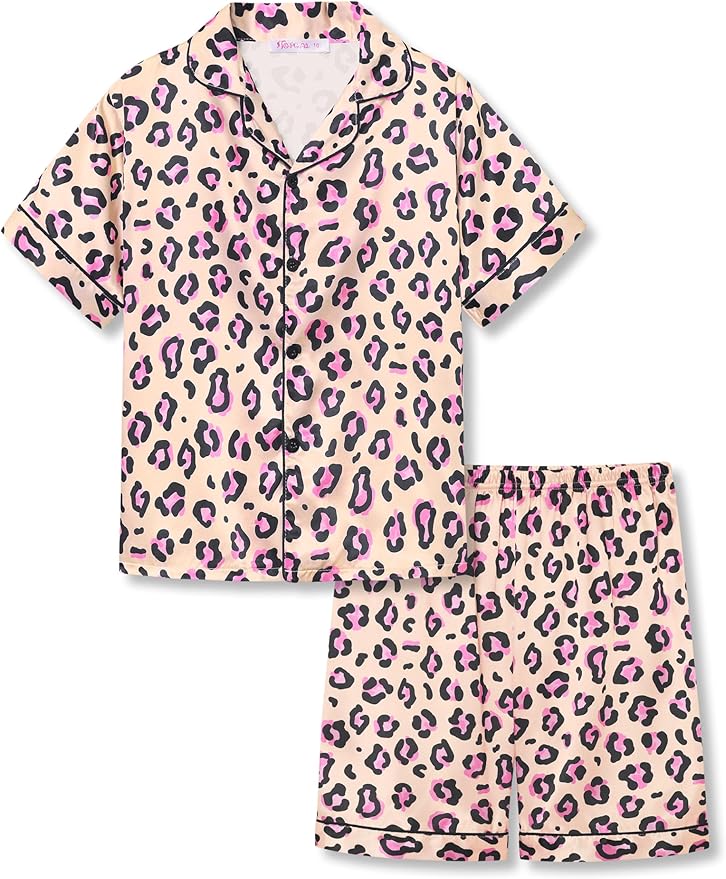 Beezizac Little & Big Girls Satin Silky Button Pajama Summer Short Sleeves Set Trendy Outfit Kid Size 6-16
