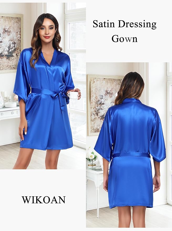 Women's Short Satin Robe Silky Bathrobes Bridal Bridesmaid Kimono Robe V-Neck Sleepwear S-XXL