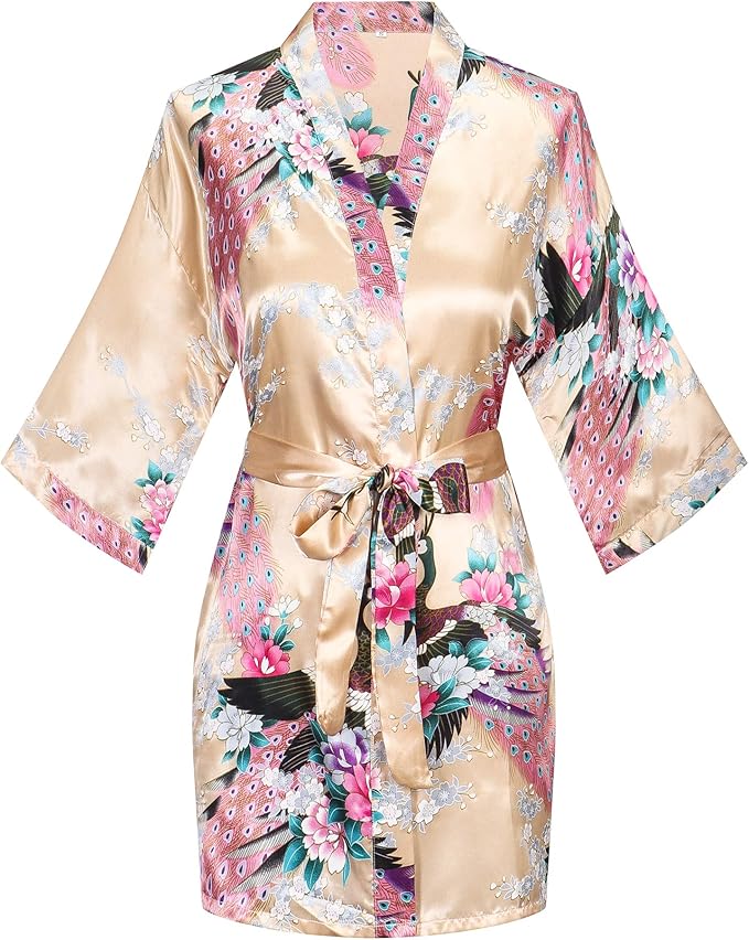 Women's Short Kimono Robes Bride and Bridesmaid Satin Floral Bathrobe Peacock Sleepwear Dressing Gown for Wedding Party