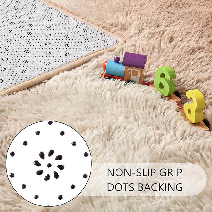 Noahas Fluffy 4x6 Area Rugs for Bedroom Living Room,Beige and White Thick Shag Throw Floor Carpet,Soft Shaggy Bedside Non-Slip Plush Dorm Nursery Kids Rug