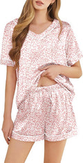 Silk Pajamas for Women Short Sleeve Satin 2 Piece Pj Set Soft V Neck Sleepwear Loungewear, S-XXL