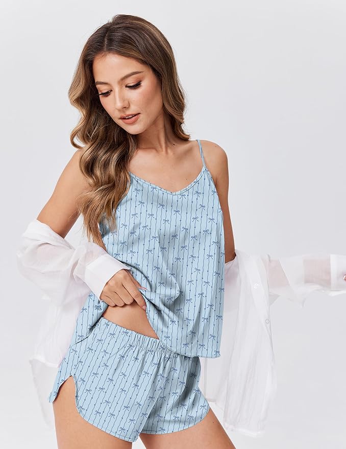 Ekouaer Satin Pajamas Set for Women Silk Cami Pjs Sets Soft Sleepwear V Neck Camisole Top and Shorts