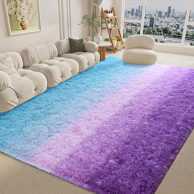 Purple Blue Area Rugs 4x6 Feet Rug for Bedroom Living Room, Cute Indoor Gradient Carpets, Plush Soft Rug for Kids Room, Fluffy Rugs for Girls Boys Nursery Room Home Decor