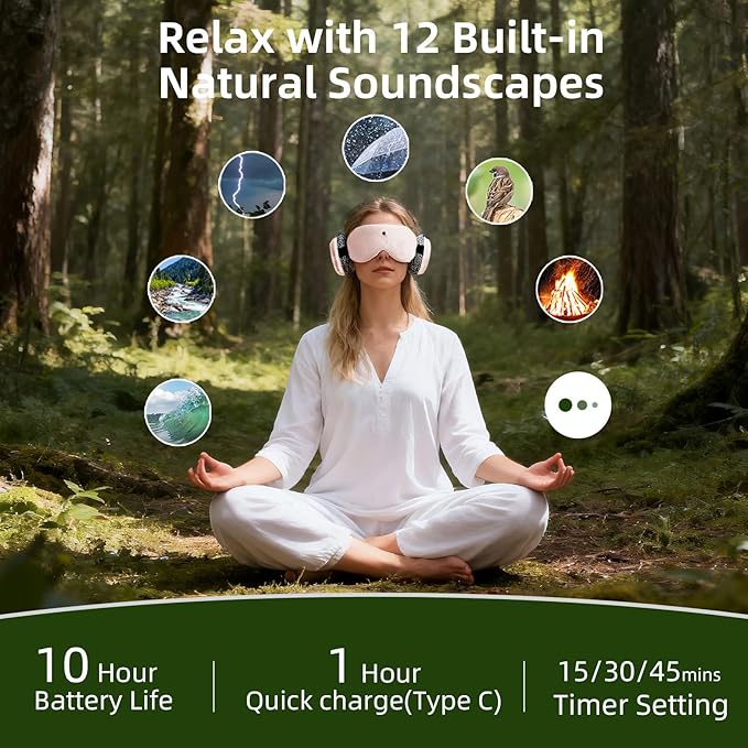 5.4 Bluetooth Sleep Mask with 12 White Noises, 3D Sleep Headphones for Women Men 100% Pressure-Free & BlockOut,Wireless Eye Mask for Side Sleepers Travel