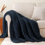 Bunnikins & Clover Navy Blue Throw Blanket for Couch, Chunky Knit Navy Throw Blanket for Home Decor, Handmade Chenille Cable Knit Throw, 50"x60"
