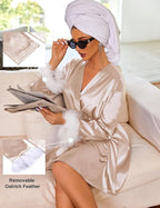 Ekouaer Women's Satin Robe Short Bridesmaid Bride Feather Bridal Robe Kimono Silky Long Sleeve Bathrobe S-XXL