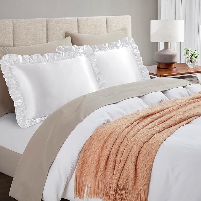 Silky Satin Ruffled Pillow Cases for Hair and Skin,White Silk Pillowcases King Set of 2 with Envelope Closure Princess Room Decoration