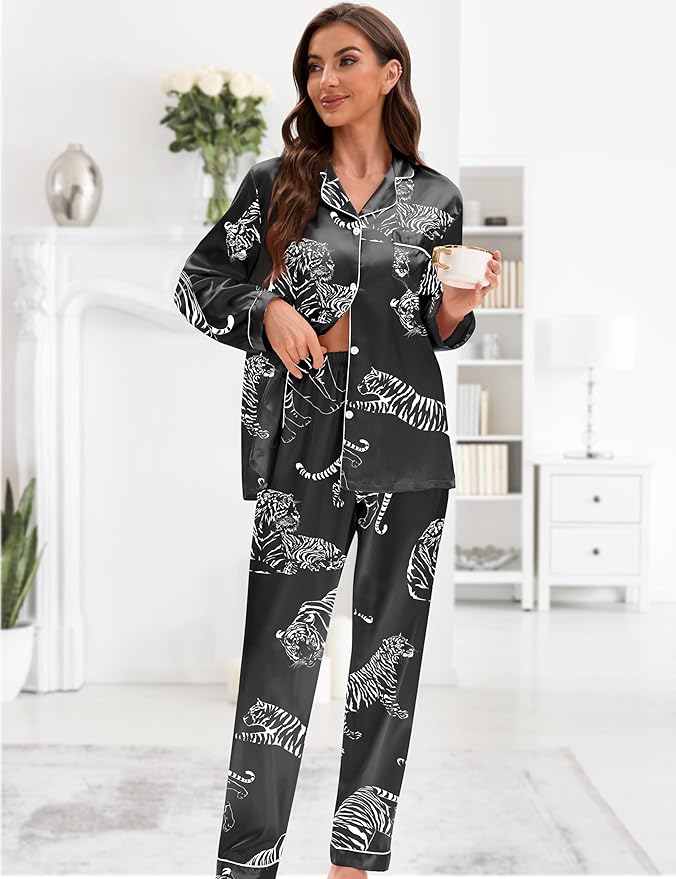 EPLAZA Silk Pajamas for Women Satin Pajamas Set 5 Pcs Long Sleeve Print Pattern Button Down Pjs Sleepwear Loungewear Set