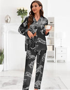 EPLAZA Silk Pajamas for Women Satin Pajamas Set 5 Pcs Long Sleeve Print Pattern Button Down Pjs Sleepwear Loungewear Set