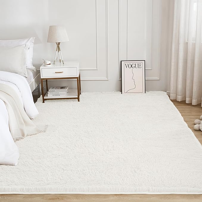 Litanika 8x10 Shag Area Rug for Living Room Bedroom, White High Pile Ultra Soft Plush Shaggy Furry Bedside Playroom Dorm Carpet, Non-Slip, Non-Shedding Modern Indoor Floor Rug