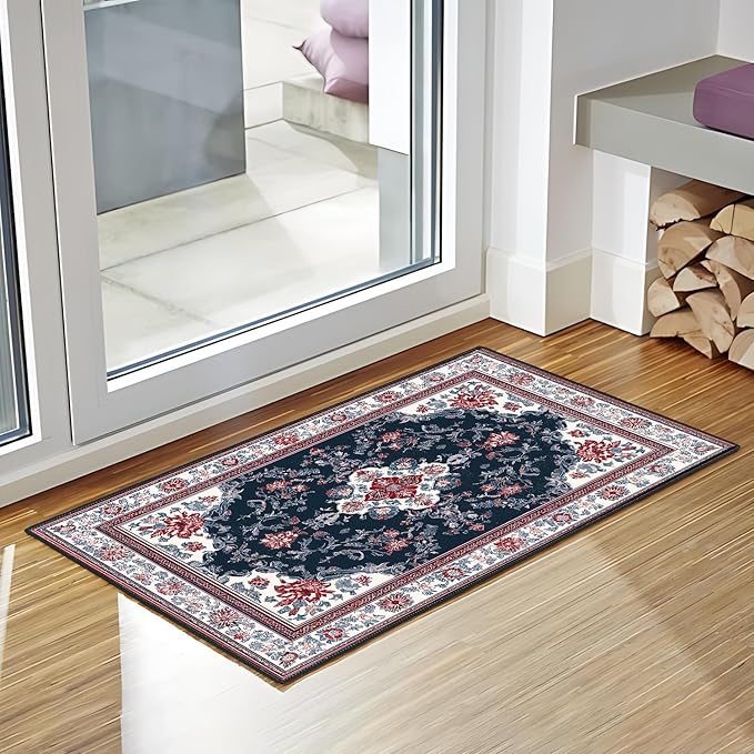 Area Rug 2x3 ft Entry Rug Washable Vintage Boho Rugs Non Slip Low Pile Floral Door Mat Small Carpet for Bedroom, Bedside, Kids Room, Office, Dining Room