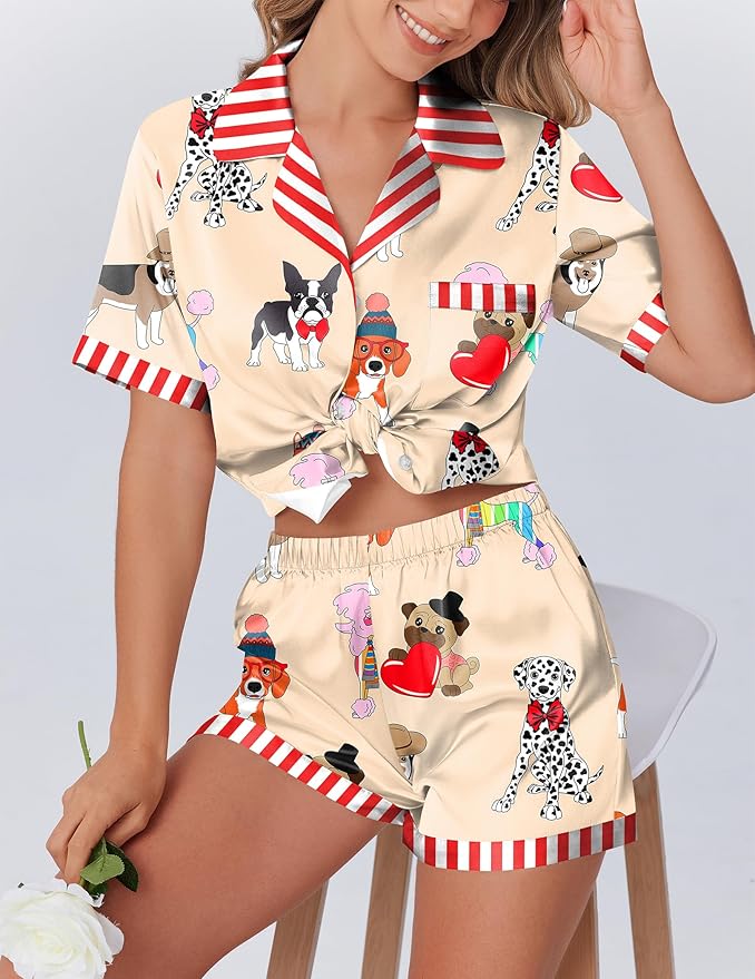 Ekouaer Womens Silk Satin Pajamas Set Animals Print Pjs Button Down Short Sleeve Lounge Set 2 Piece Sleepwear