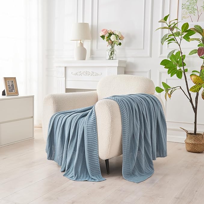Douceur Blue Throw Blanket for Couch, Soft Cozy Lightweight Stripe Pattern Knitted Throw Blanket for Sofa, Living Room Gift, 50"X60"