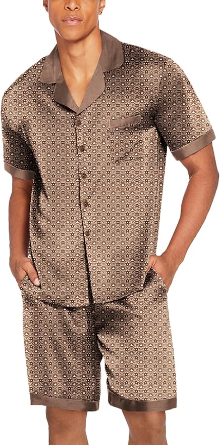 Ekouaer Men Satin Silk Pajamas Set with Pockets Sleepwear Shorts Satin Summer Loungewear 2 Piece Button Down Set S-3XL