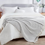 Striped Knit Throw Blanket with Braided Tassels 50" x 60", Hand Knitted Soft Chunky Chain Design Boho Farmhouse Blanket, Two Tone Tassel Decor Throw for Couch Bed Sofa Outdoor, Gray White