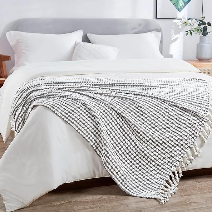 Striped Knit Throw Blanket with Braided Tassels 50" x 60", Hand Knitted Soft Chunky Chain Design Boho Farmhouse Blanket, Two Tone Tassel Decor Throw for Couch Bed Sofa Outdoor, Gray White