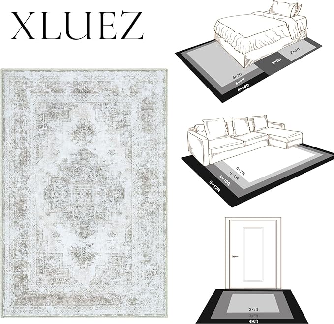 XLUEZ Area Rug 6x9 Living Room Rug, Machine Washable Vintage Distressed Medallion Rug Non-Slip Soft Low Pile Large Indoor Rugs for Bedroom Kitchen Dining Room Office(Taupe,6'x9')