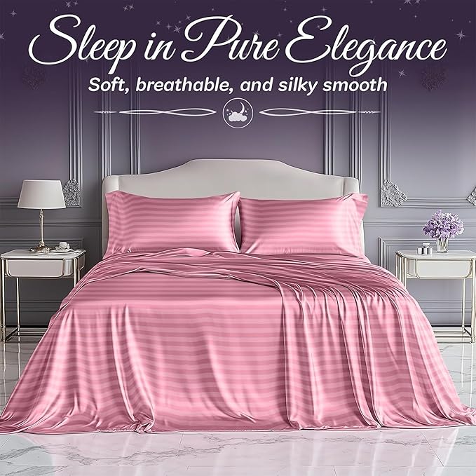 SLEEP SANCTUARY Satin Sheets Twin Size – 3 Piece Luxury Silky Bed Set, Softer Than Silk, 15" Deep Pocket, Cooling & Wrinkle-Free, Moisture-Wicking & Breathable for Hair & Skin (Striped Pink)