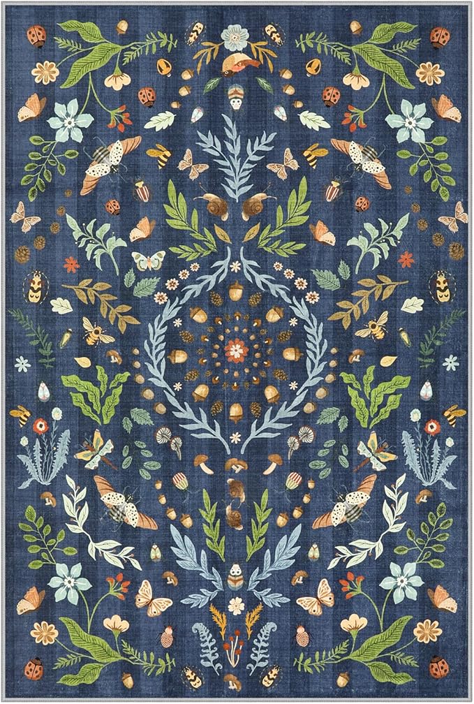 Lahome Chloe Insect Botanical 2x3 Kitchen Rugs for Entryway, Washable Small Blue Door Mat Indoor Entrance, Soft Non-Slip Indoor Throw Carpet for Bathroom Bedroom Laundry(Dark Blue,2x3)