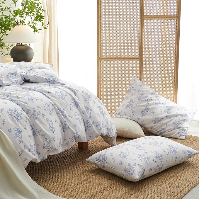 Nayoroom Blue Floral Duvet Cover Twin Size Cottagecore Flower Leaf Spring Comforter Cover 2 Pcs Soft Breathable Microfiber Pastoral Aesthetic Bedding Set with Zipper Closure