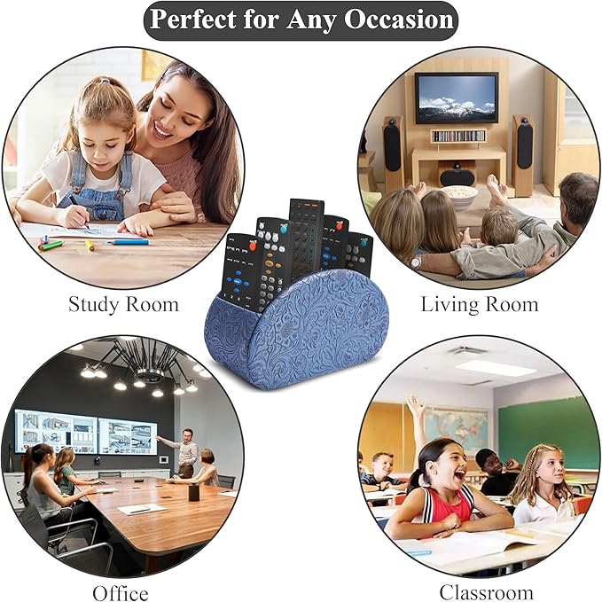 QIELIZI Remote Control Holder, PU Leather Remote Caddy Desktop Organizer with 5 Spacious Compartments for TV Remotes/Media Controllers/Office Supplies (1-Carved3 Blue