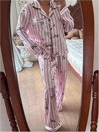 WDIRARA Women's 2 Piece Bowknot Print Satin Pajama Set Long Sleeve Button Down Lounge Pants Sleepwear Sets