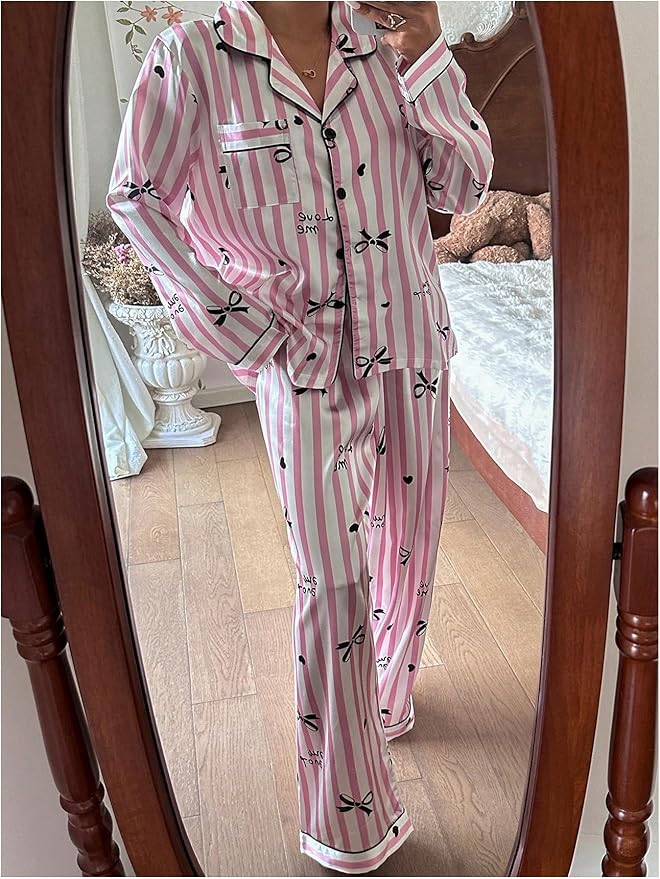 WDIRARA Women's 2 Piece Bowknot Print Satin Pajama Set Long Sleeve Button Down Lounge Pants Sleepwear Sets